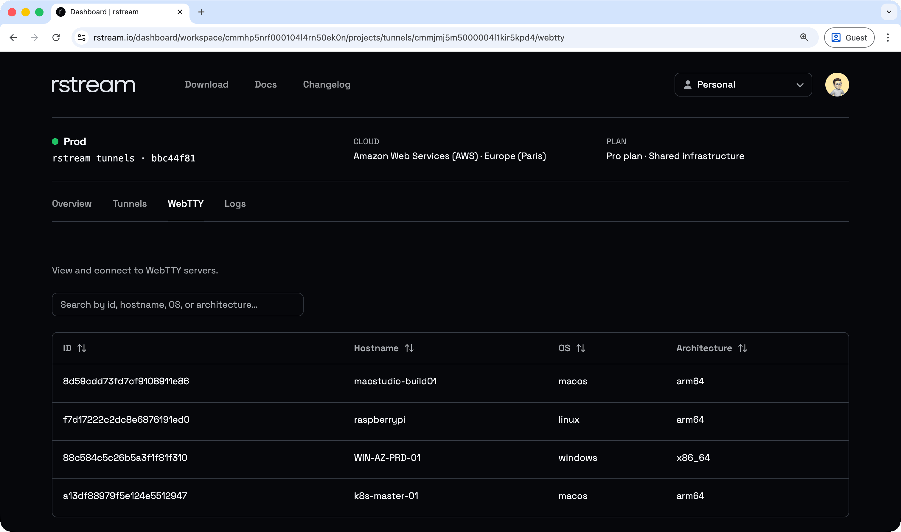 rstream dashboard webtty overview