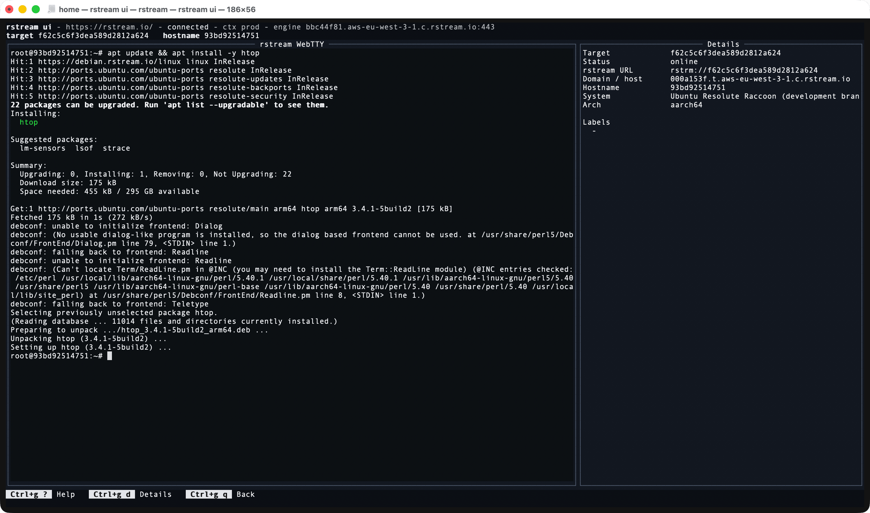 Screenshot of the rstream terminal interface