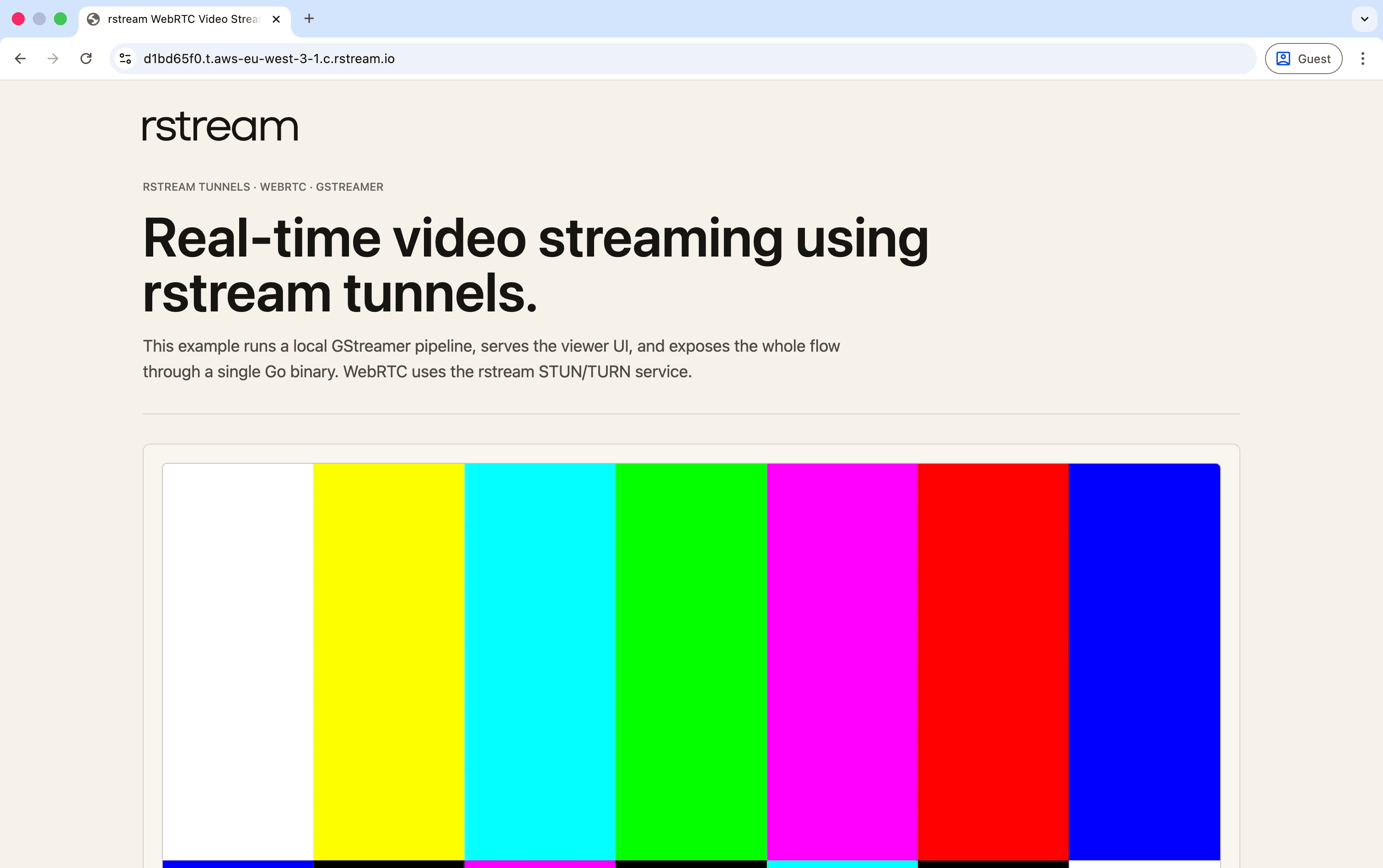 Standalone rstream WebRTC video streaming sample served through a published tunnel
