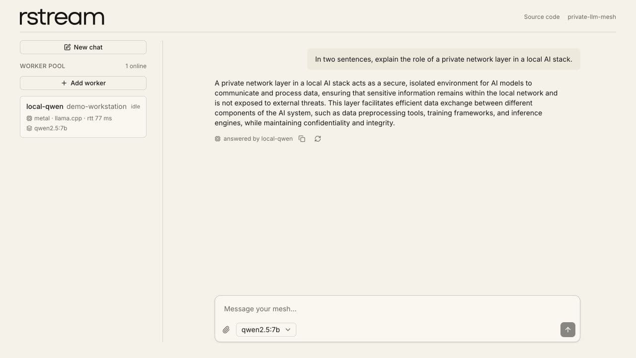 Private LLM mesh application showing a response from a local Qwen worker