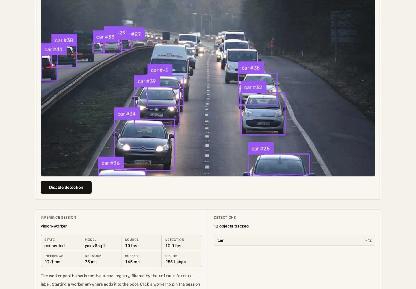 Edge vision viewer showing tracked vehicles and inference telemetry
