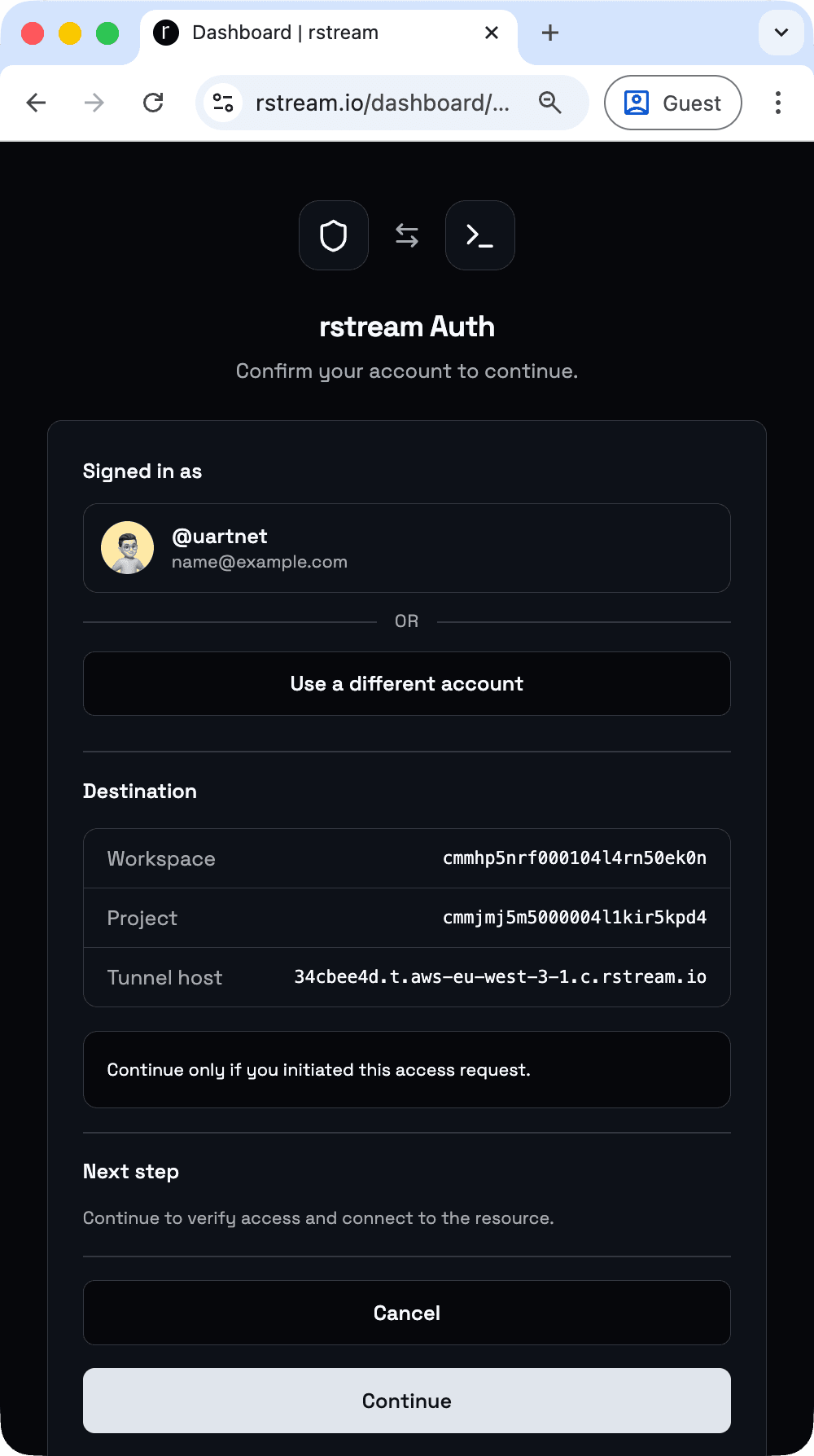 rstream Auth confirmation window