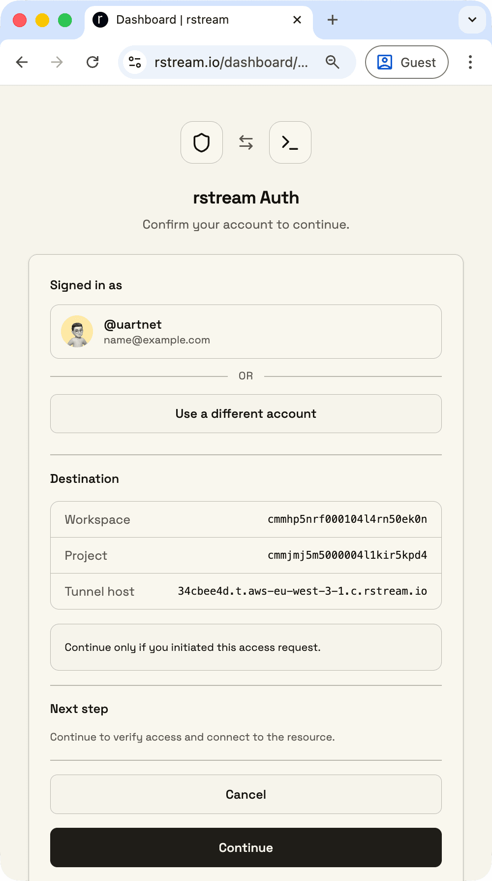 rstream Auth confirmation window