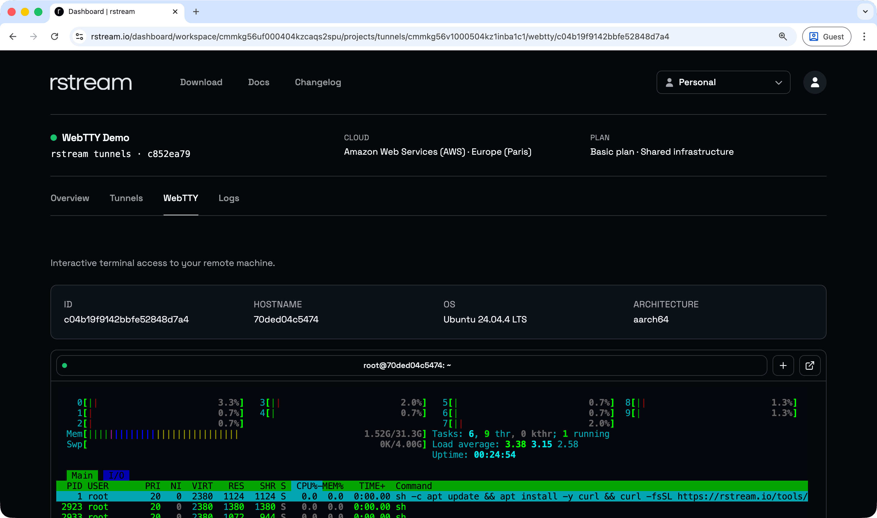 rstream WebTTY session dashboard