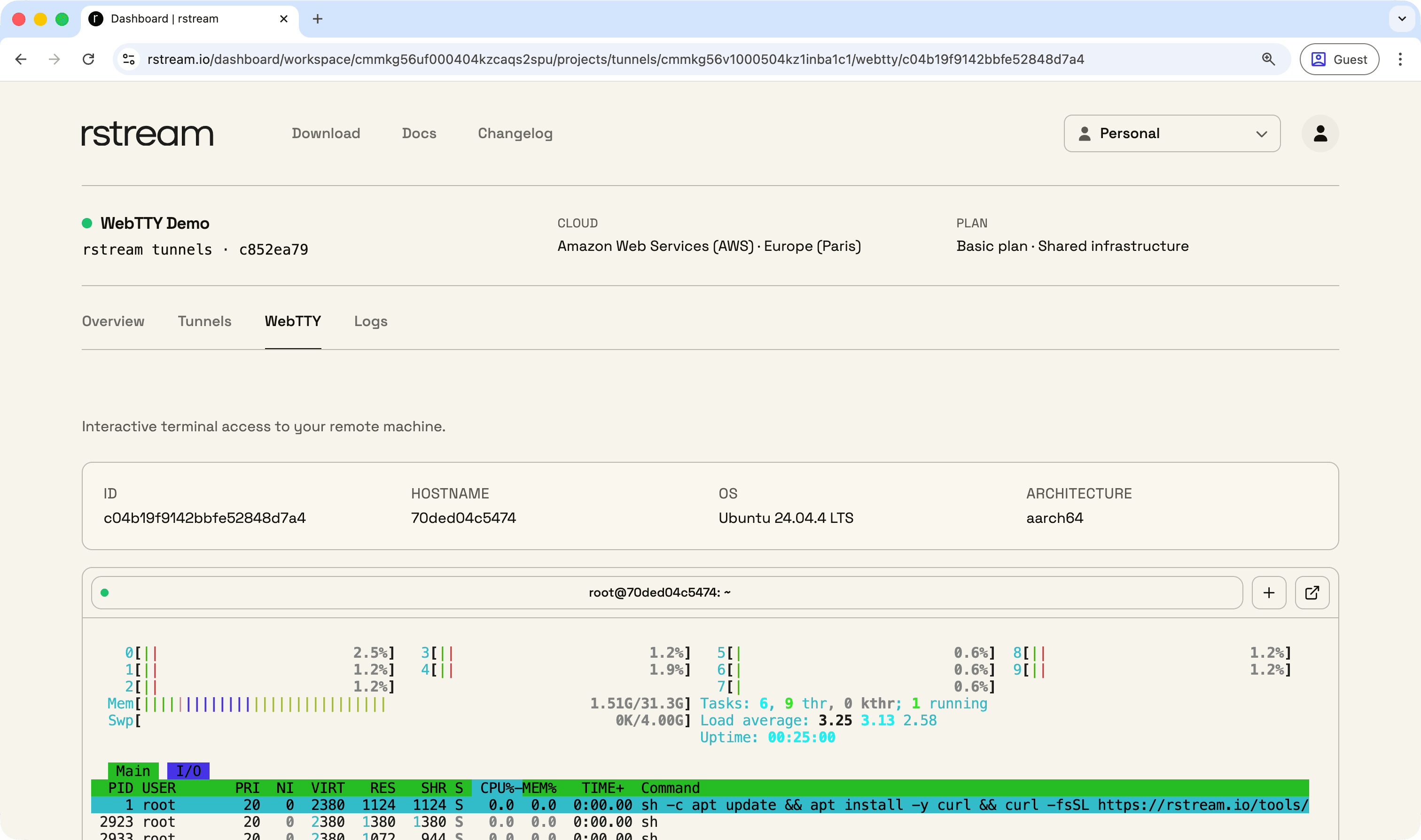 rstream WebTTY session dashboard