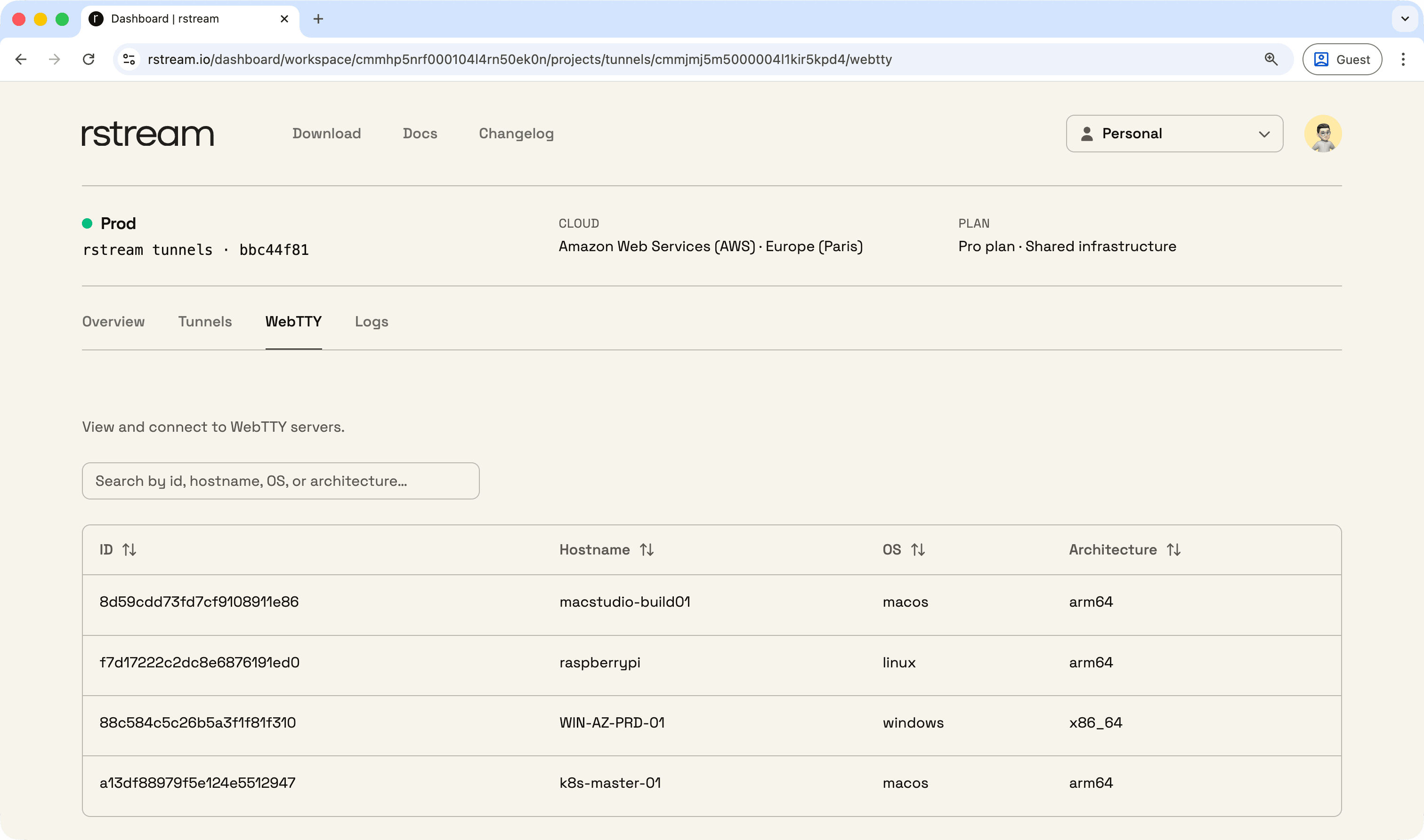 rstream dashboard webtty overview