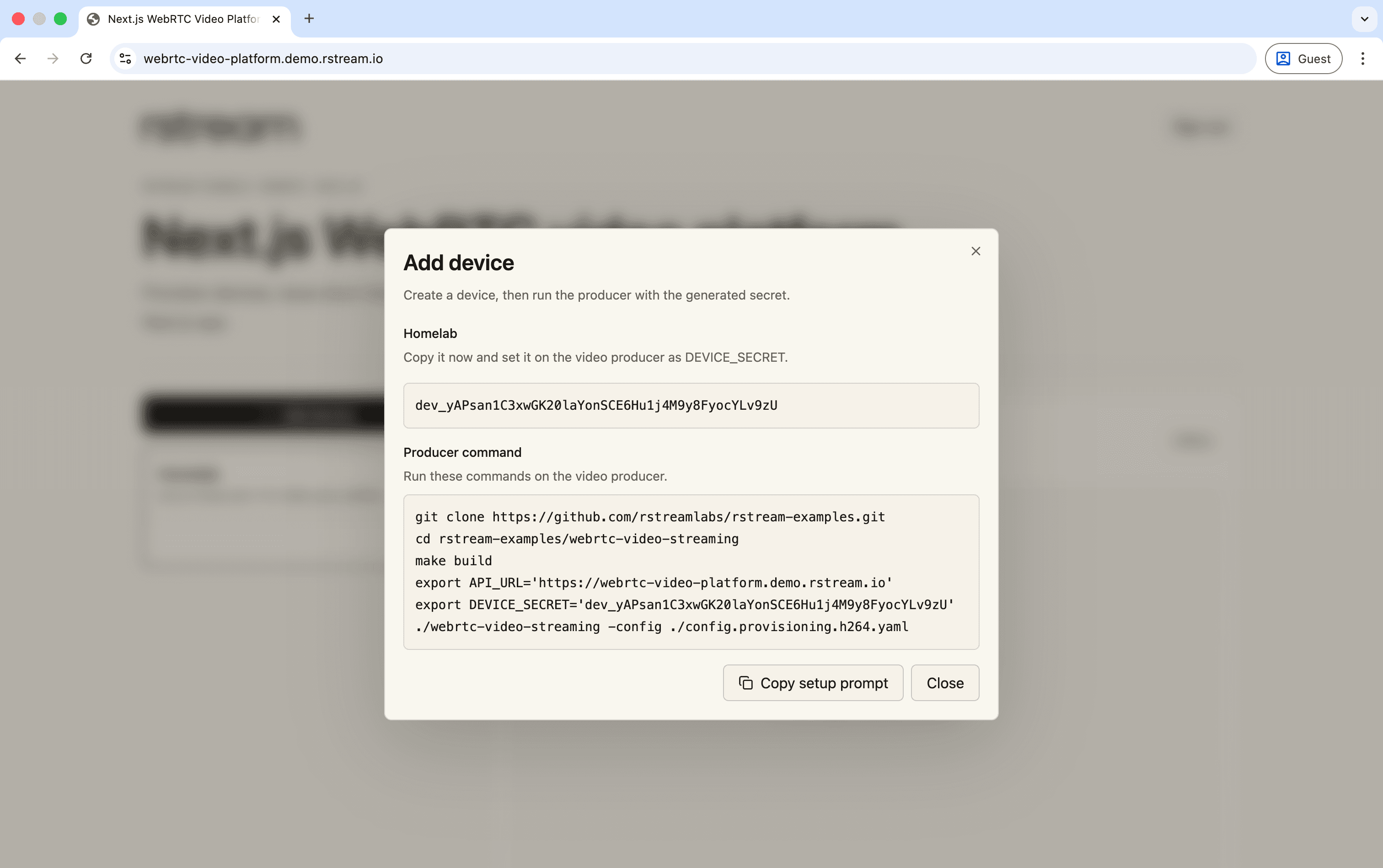 Next.js WebRTC video platform device creation modal with one-time producer secret