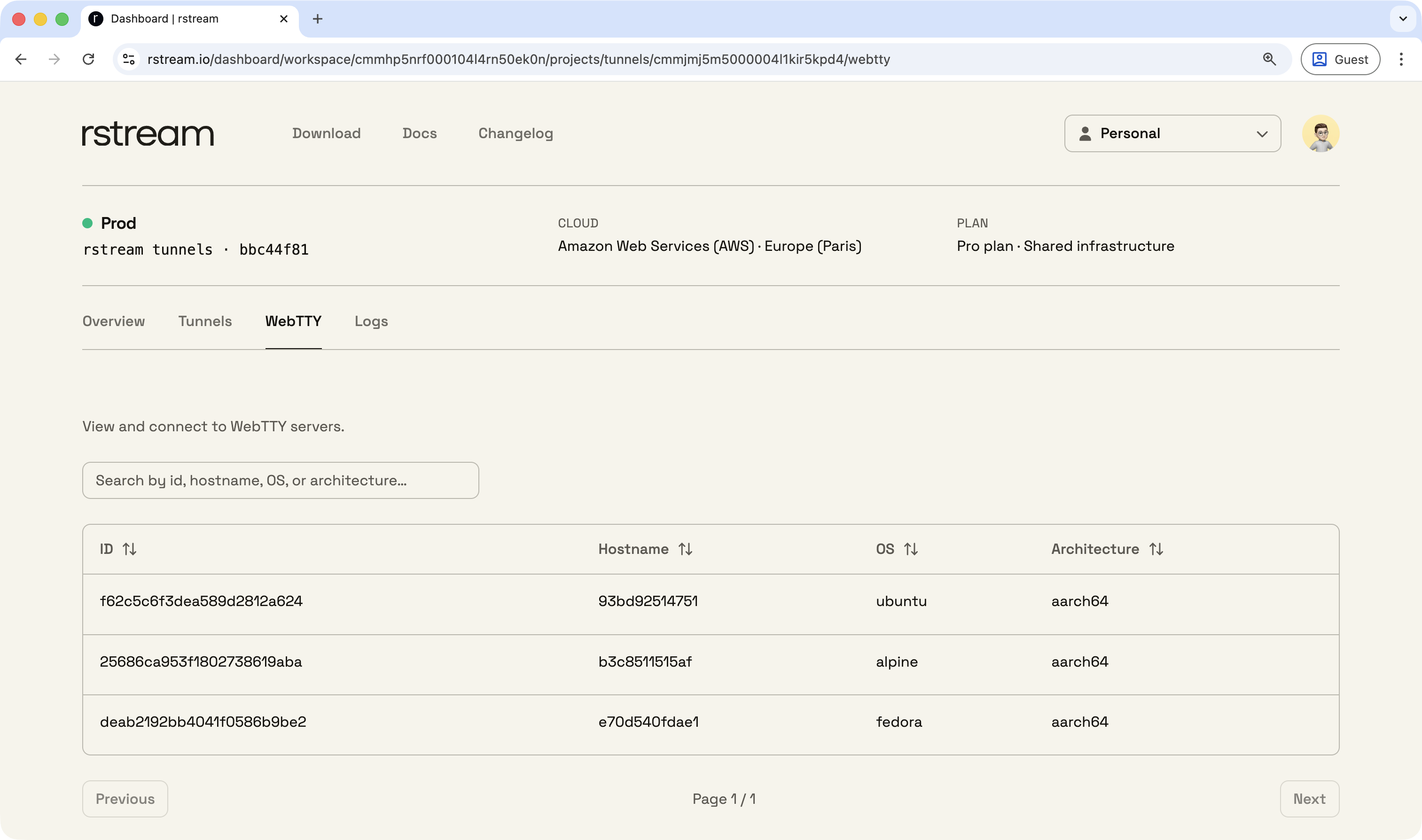 Dashboard inventory for published WebTTY servers