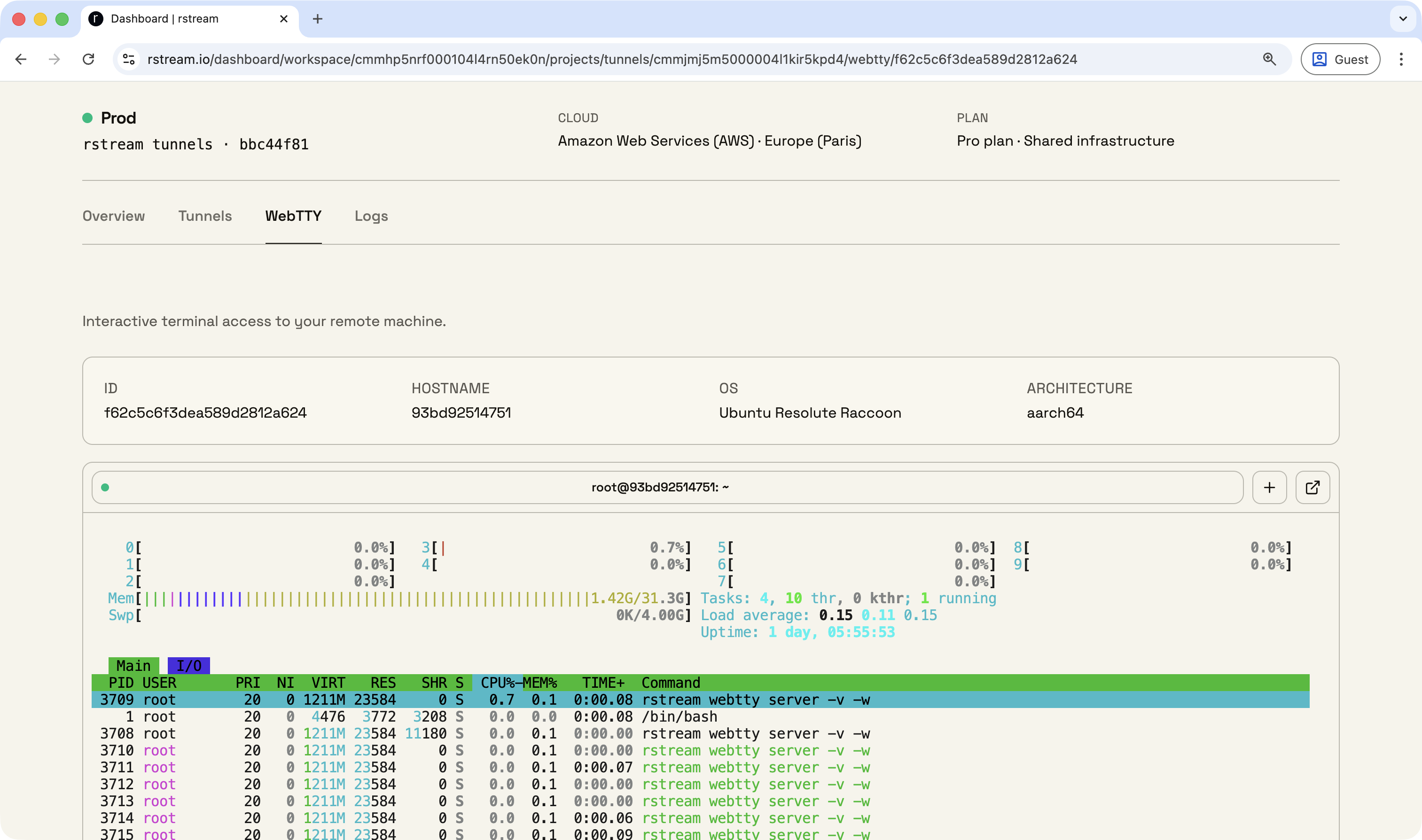Dashboard WebTTY terminal session