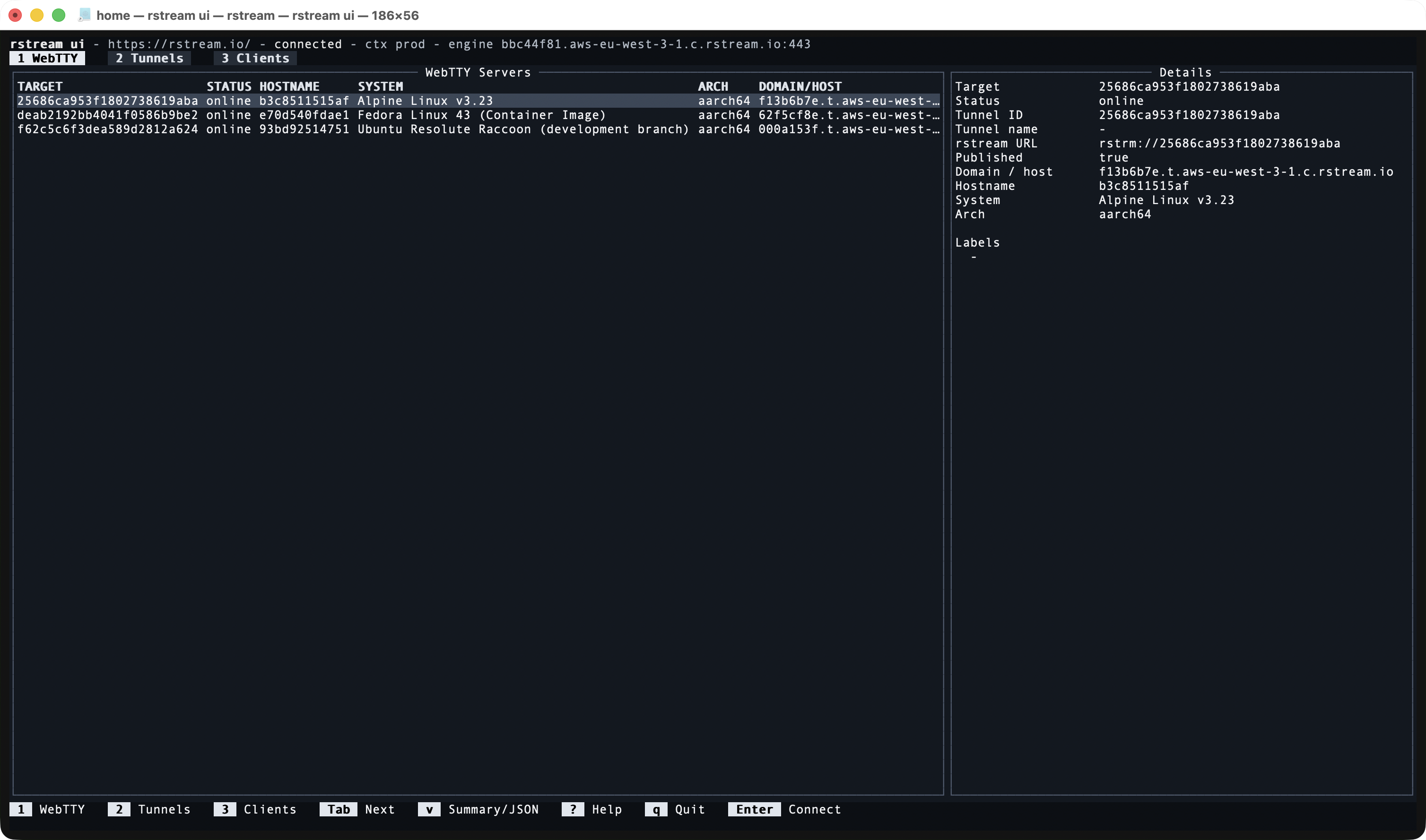 rstream ui inventory focused on the WebTTY view